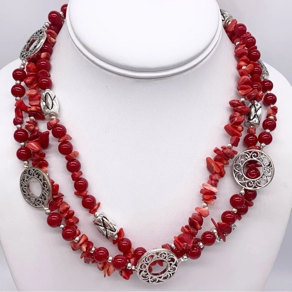 Premier Designs Red Beaded 3-Strand Silver Necklace